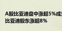 A股比亚迪盘中涨超5%成交额超37亿元港股比亚迪股东涨超8%