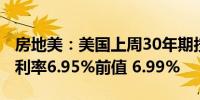 房地美：美国上周30年期按揭贷款/抵押贷款利率6.95%前值 6.99%