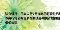 法兴银行：日本央行7月加息的可能性已经降低此前一些投资者预期日本央行将公布更多削减债券购买计划的细节但日本央行今天的声明这令他们失望