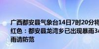 广西都安县气象台14日7时20分将暴雨橙色预警信号提升为红色：都安县龙湾乡已出现暴雨3小时内龙湾乡将出现大暴雨请防范