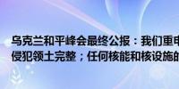 乌克兰和平峰会最终公报：我们重申承诺不威胁或使用武力侵犯领土完整；任何核能和核设施的使用都必须是安全的