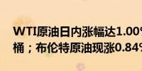 WTI原油日内涨幅达1.00%现报78.85美元/桶；布伦特原油现涨0.84%