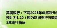 美国银行：下调2025年年底欧元兑美元预期至1.17（之前预计为1.20）因为欧洲央行与美联储货币政策方向将在2025年渐行渐远