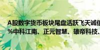 A股数字货币板块尾盘活跃飞天诚信3连板兆日科技涨超13%中科江南、正元智慧、雄帝科技、创识科技等跟涨