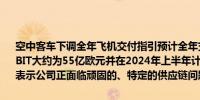 空中客车下调全年飞机交付指引预计全年交付770架商用飞机；调整后EBIT大约为55亿欧元并在2024年上半年计提约9亿欧元的费用同时空客表示公司正面临顽固的、特定的供应链问题