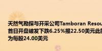 天然气勘探与开采公司Tamboran Resources Corp.（TBN）美国IPO首日开盘破发下跌6.25%报22.50美元此前确定的美国IPO股票发行价为每股24.00美元