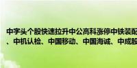 中字头个股快速拉升中公高科涨停中铁装配涨超16%中纺标、中粮科工、中机认检、中国移动、中国海诚、中成股份等纷纷冲高