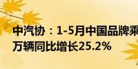 中汽协：1-5月中国品牌乘用车共销售598.7万辆同比增长25.2%