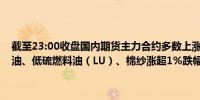 截至23:00收盘国内期货主力合约多数上涨焦煤、焦炭、铁矿石、棕榈油、低硫燃料油（LU）、棉纱涨超1%跌幅方面短纤跌超0.5%