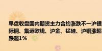 早盘收盘国内期货主力合约涨跌不一沪银涨超2%烧碱涨近2%铁矿、国际铜、集运欧线、沪金、锰硅、沪铜涨超1%跌幅方面菜粕跌近2%豆粕跌超1%