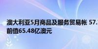 澳大利亚5月商品及服务贸易帐 57.73亿澳元预期63亿澳元前值65.48亿澳元