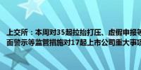 上交所：本周对35起拉抬打压、虚假申报等证券异常交易行为采取了书面警示等监管措施对17起上市公司重大事项等进行专项核查