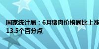 国家统计局：6月猪肉价格同比上涨18.1% 涨幅比上月扩大13.5个百分点