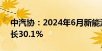 中汽协：2024年6月新能源汽车销量同比增长30.1%