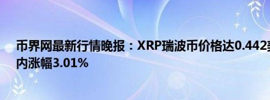 币界网最新行情晚报：XRP瑞波币价格达0.442美元/枚 日内涨幅3.01%