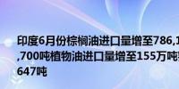 印度6月份棕榈油进口量增至786,134吨豆油进口量降至275,700吨植物油进口量增至155万吨葵花籽油进口量增至465,647吨