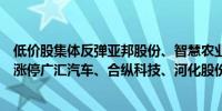 低价股集体反弹亚邦股份、智慧农业、全筑股份、冠城大通涨停广汇汽车、合纵科技、河化股份、东方集团等涨超7%