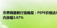 币界网最新行情晚报：PEPE价格达0.000008555美元/枚 日内涨幅3.07%