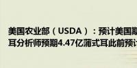 美国农业部（USDA）：预计美国期末大豆库存4.35亿蒲式耳分析师预期4.47亿蒲式耳此前预计4.55亿蒲式耳