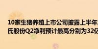 10家生猪养殖上市公司披露上半年业绩预告 牧原股份和温氏股份Q2净利预计最高分别为32亿和27亿元