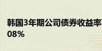 韩国3年期公司债券收益率下降3个基点至3.508%