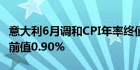 意大利6月调和CPI年率终值 0.9%预期0.90%前值0.90%