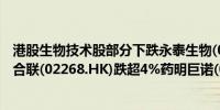 港股生物技术股部分下跌永泰生物(06978.HK)跌超5%药明合联(02268.HK)跌超4%药明巨诺(02126.HK)跌超2%