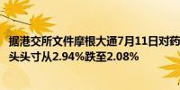 据港交所文件摩根大通7月11日对药明康德(02359.HK)的空头头寸从2.94%跌至2.08%