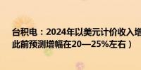 台积电：2024年以美元计价收入增幅将略高于25%左右（此前预测增幅在20—25%左右）