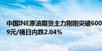 中国INE原油期货主力刚刚突破600.0元/桶关口最新报599.9元/桶日内跌2.04%