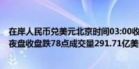 在岸人民币兑美元北京时间03:00收报7.2698较上一交易日夜盘收盘跌78点成交量291.71亿美元