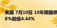 美国 7月10日 10年期国债竞拍-高收益率4.28%前值4.44%