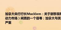 加拿大央行行长Macklem：关于新移民和年轻人的失业率是（经济/劳动力市场）闲置的一个信号；加拿大与美联储在利率上的分歧不会特别严重