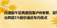 白酒股午后再度回落泸州老窖、迎驾贡酒跌超2%；贵州茅台跌超1%股价逼近年内低点