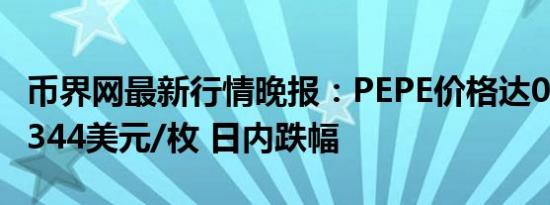 币界网最新行情晚报：PEPE价格达0.000011344美元/枚 日内跌幅