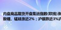 内盘商品期货开盘集运指数(欧线)涨超2%铁矿石、烧碱、碳酸锂、锰硅涨近2%；沪银跌近3%沪金跌1.6%