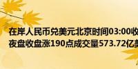 在岸人民币兑美元北京时间03:00收报7.2450较上一交易日夜盘收盘涨190点成交量573.72亿美元