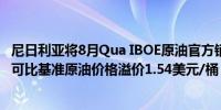 尼日利亚将8月Qua IBOE原油官方销售价格（OSP）定在较可比基准原油价格溢价1.54美元/桶