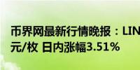币界网最新行情晚报：LINK价格达13.873美元/枚 日内涨幅3.51%