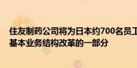 住友制药公司将为日本约700名员工提供提前退休计划作为基本业务结构改革的一部分