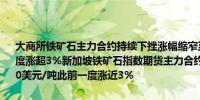 大商所铁矿石主力合约持续下挫涨幅缩窄至1.40%现报759元/吨此前一度涨超3%新加坡铁矿石指数期货主力合约涨幅缩窄至0.38%现报101.30美元/吨此前一度涨近3%