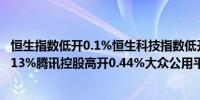 恒生指数低开0.1%恒生科技指数低开0.38%阿里巴巴低开0.13%腾讯控股高开0.44%大众公用平开