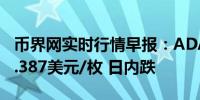 币界网实时行情早报：ADA艾达币价格跌破0.387美元/枚 日内跌