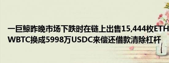 一巨鲸昨晚市场下跌时在链上出售15,444枚ETH和193.4枚WBTC换成5998万USDC来偿还借款清除杠杆