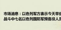 市场消息：以色列军方表示今天早些时候在加沙地带南部的战斗中七名以色列国防军预备役人员受伤其中四人伤势严重