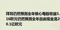 拜耳仍然预测全年核心每股收益5.10欧元至5.50欧元预估5.16欧元仍然预测全年自由现金流20亿欧元至30亿欧元预估30.1亿欧元