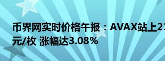 币界网实时价格午报：AVAX站上21.685美元/枚 涨幅达3.08%