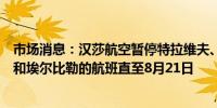 市场消息：汉莎航空暂停特拉维夫、德黑兰、贝鲁特、安曼和埃尔比勒的航班直至8月21日