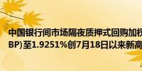 中国银行间市场隔夜质押式回购加权利率盘初升13.19基点(BP)至1.9251%创7月18日以来新高