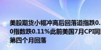 美股期货小幅冲高后回落道指跌0.12%纳指跌0.18%标普500指数跌0.11%此前美国7月CPI同比上升2.9%低于预期连续第四个月回落